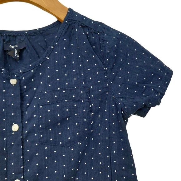 Gap Kids Girls Blouse Medium Navy Polka Dots Short Sleeve Tie Front Button Up - Picture 4 of 11